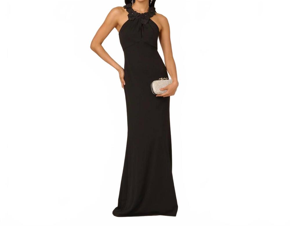 NEW ADRIANNA PAPELL floral embellished crossover halter gown in black